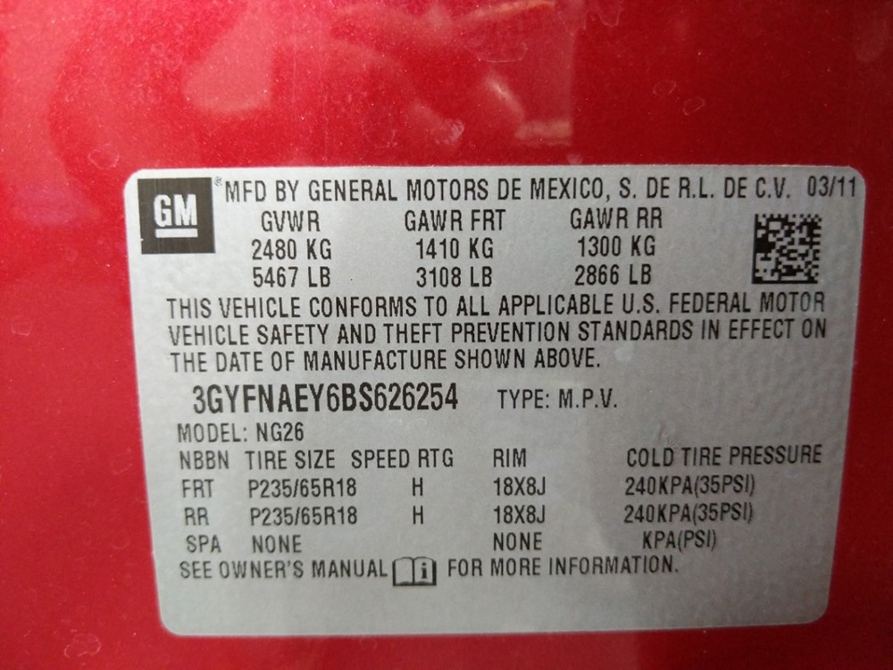 2011 Cadillac SRX - VIN Plate