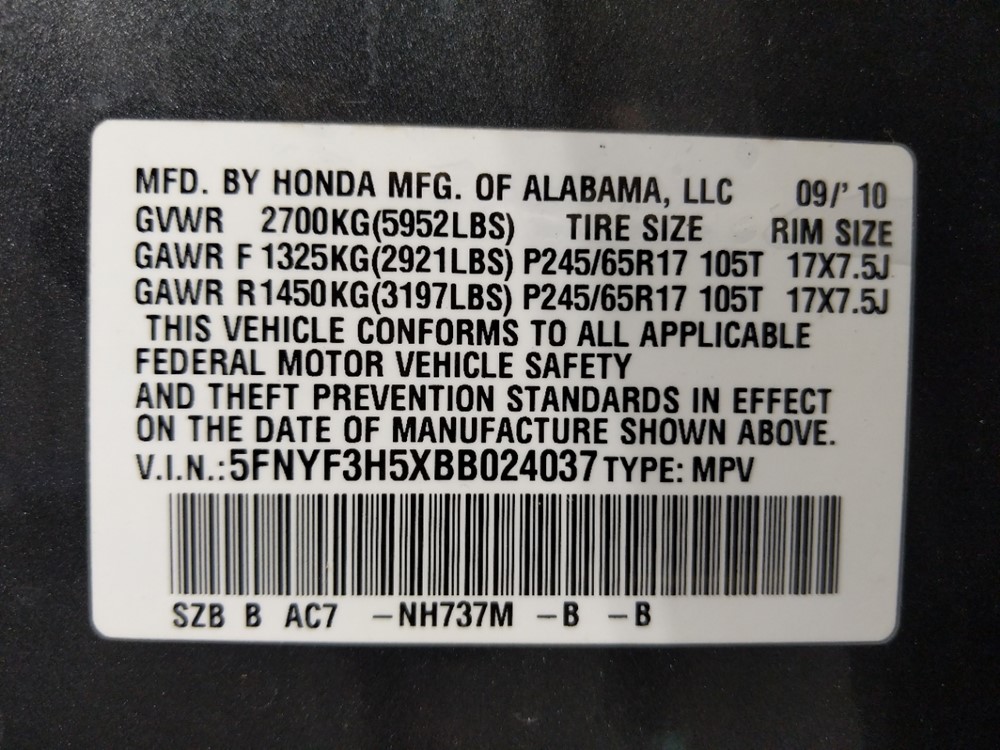 2011 Honda Pilot - VIN Plate