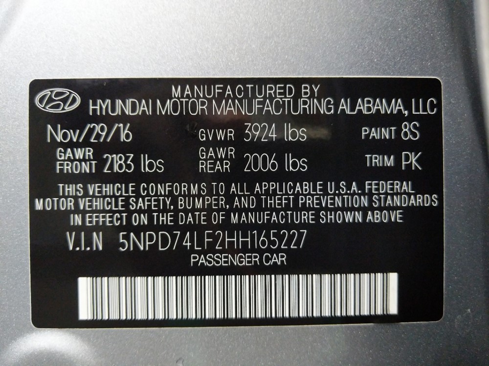 2017 Hyundai Elantra - VIN Plate