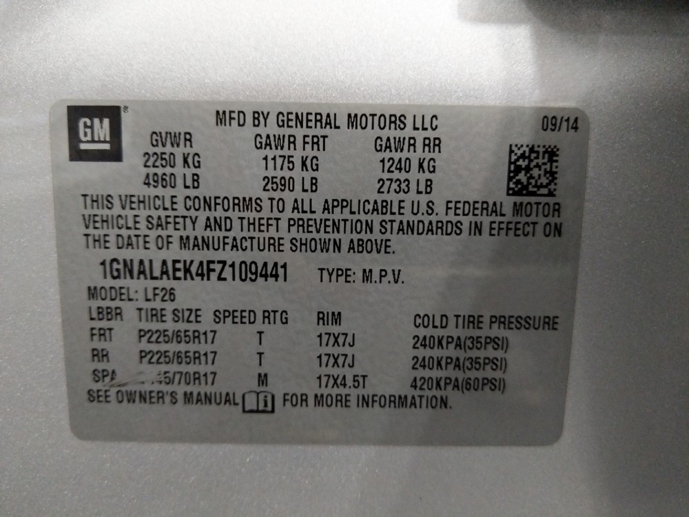 2015 Chevrolet Equinox - VIN Plate