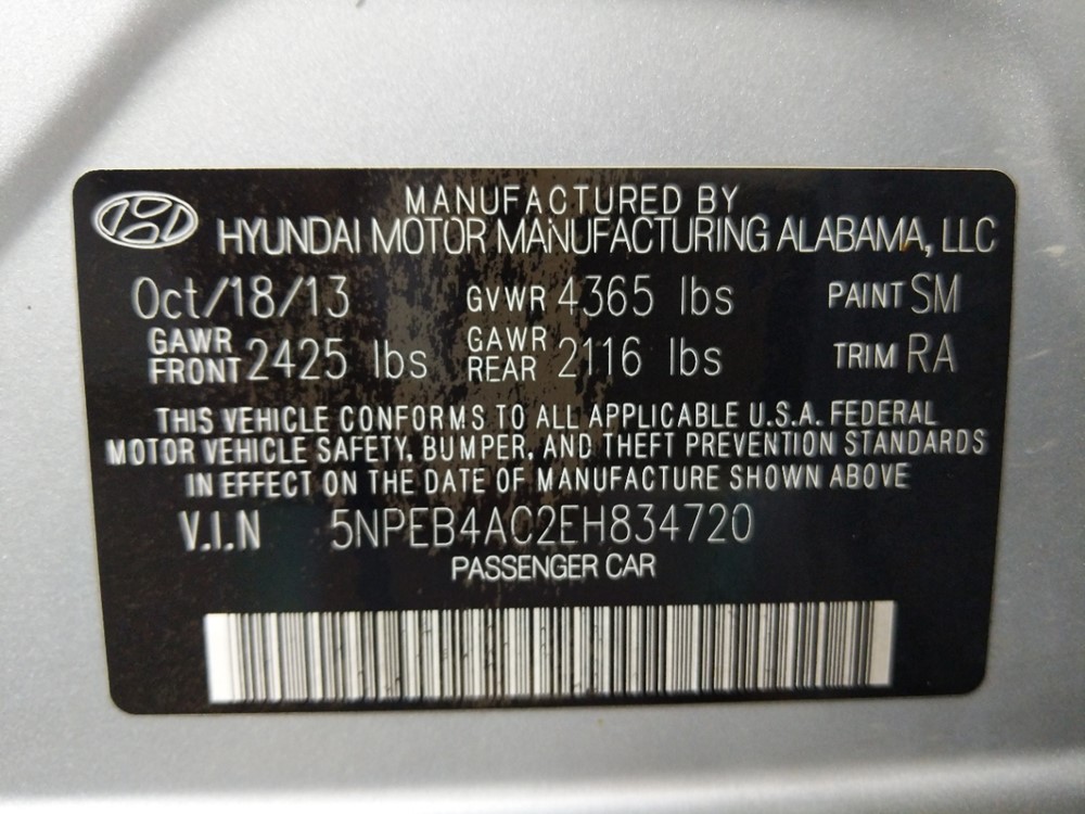 2014 Hyundai Sonata - VIN Plate