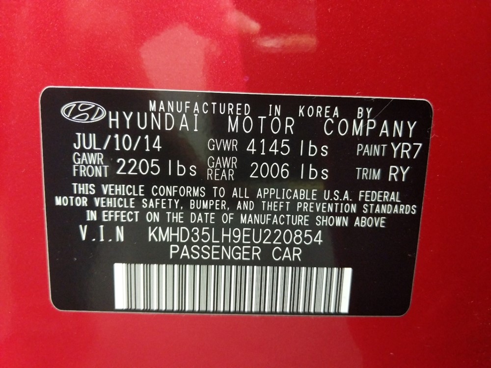 2014 Hyundai Elantra - VIN Plate