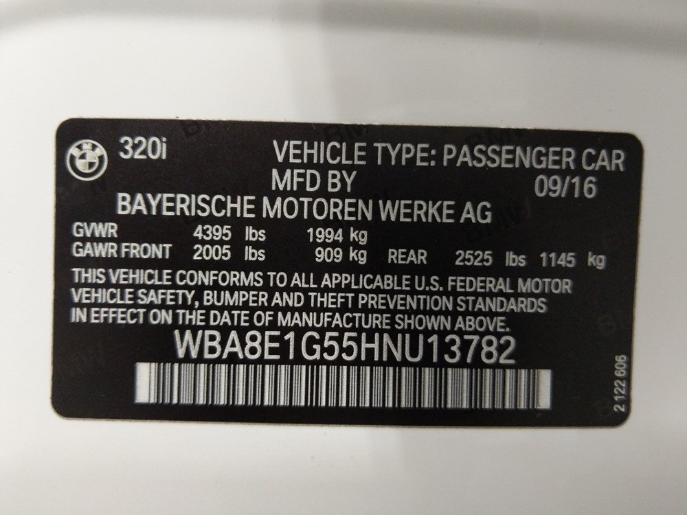 2017 BMW 320i - VIN Plate
