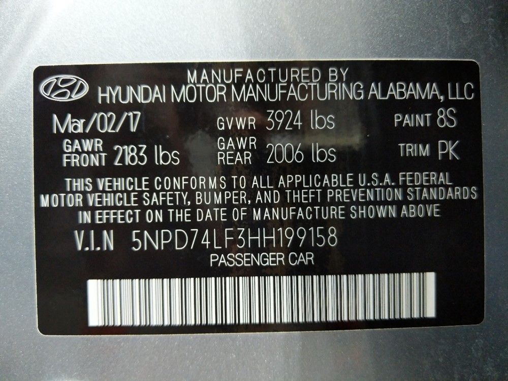 2017 Hyundai Elantra - VIN Plate