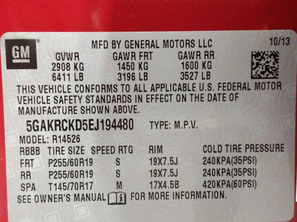 2014 Buick Enclave - VIN Plate