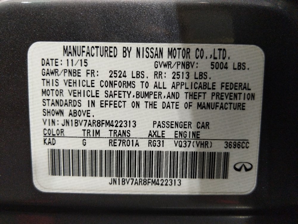 2015 INFINITI Q50 - VIN Plate
