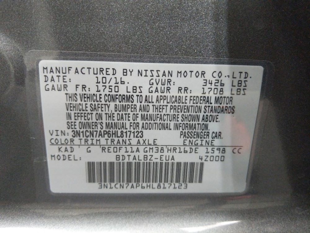 2017 Nissan Versa - VIN Plate