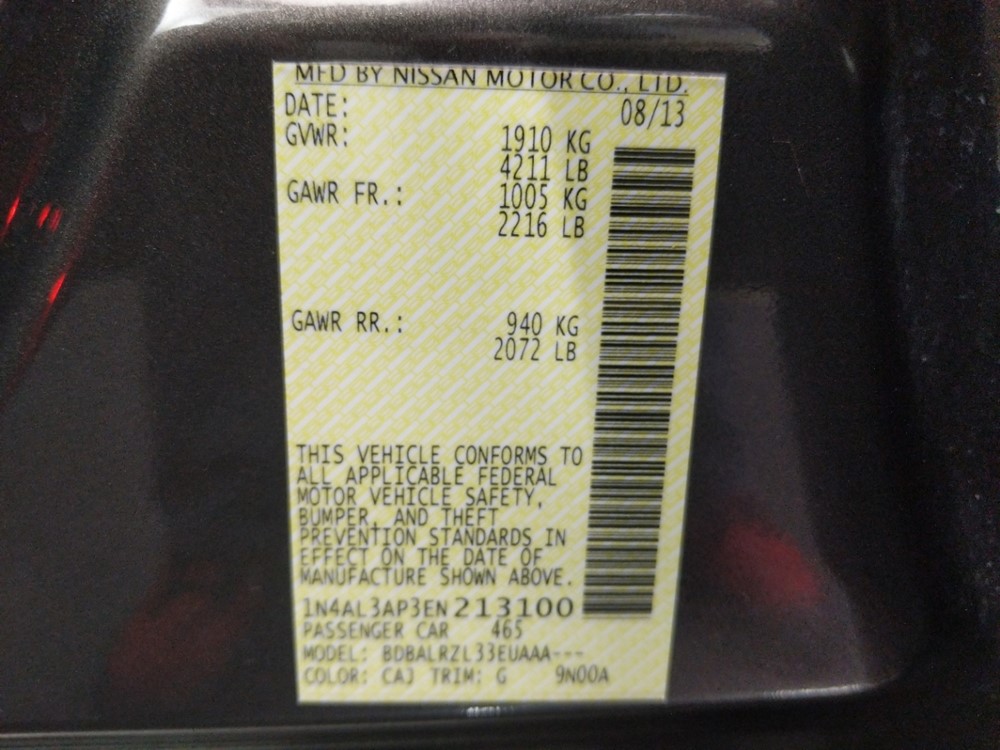 2014 Nissan Altima - VIN Plate