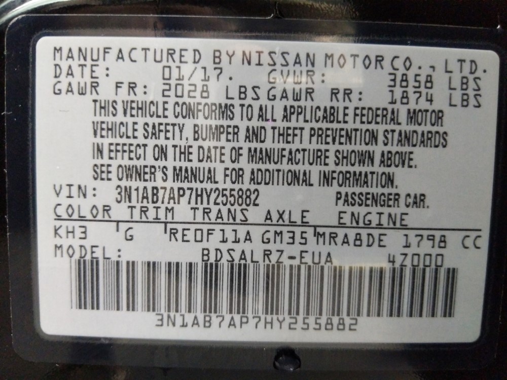 2017 Nissan Sentra - VIN Plate