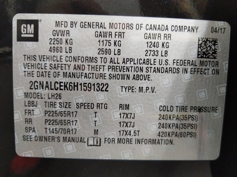 2017 Chevrolet Equinox - VIN Plate