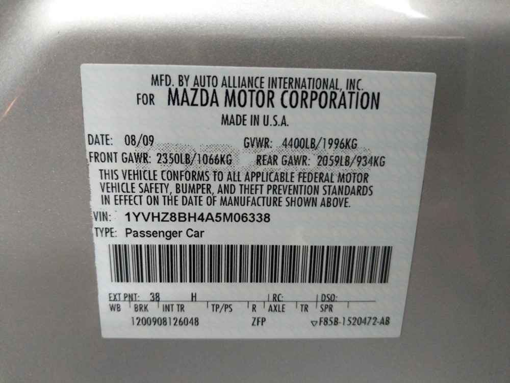 2010 Mazda Mazda6 - VIN Plate