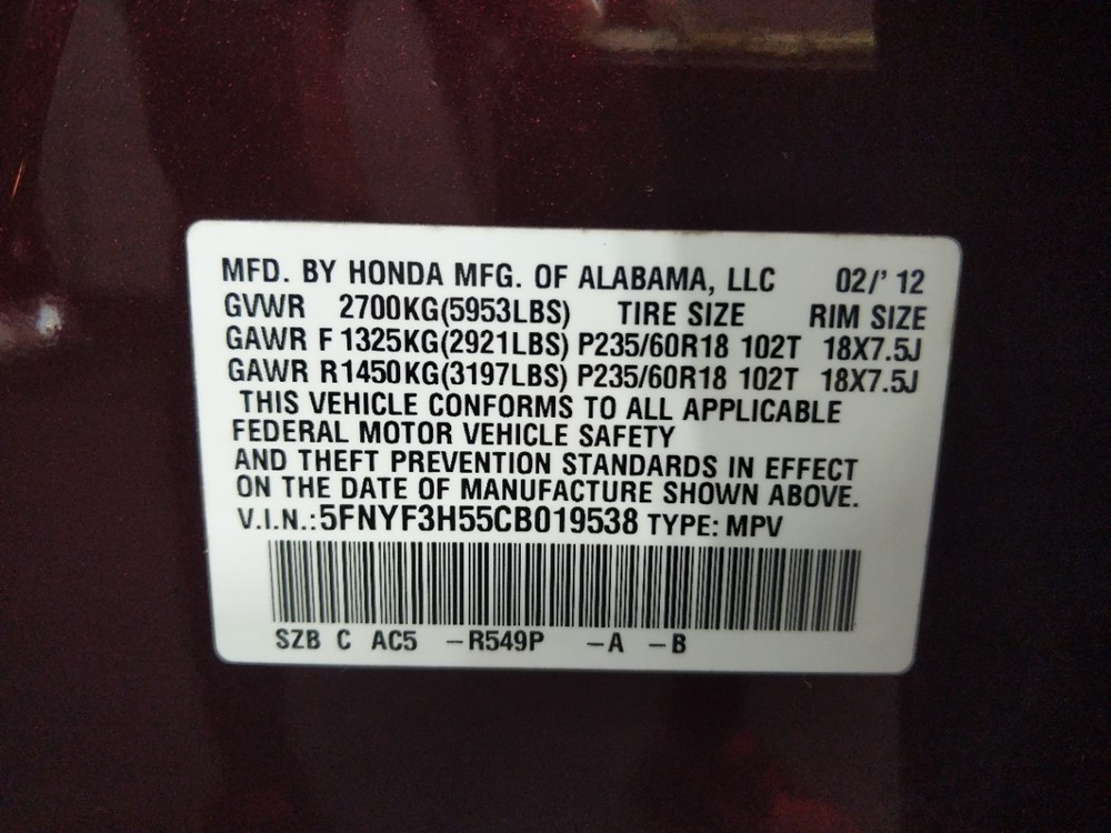 2012 Honda Pilot - VIN Plate