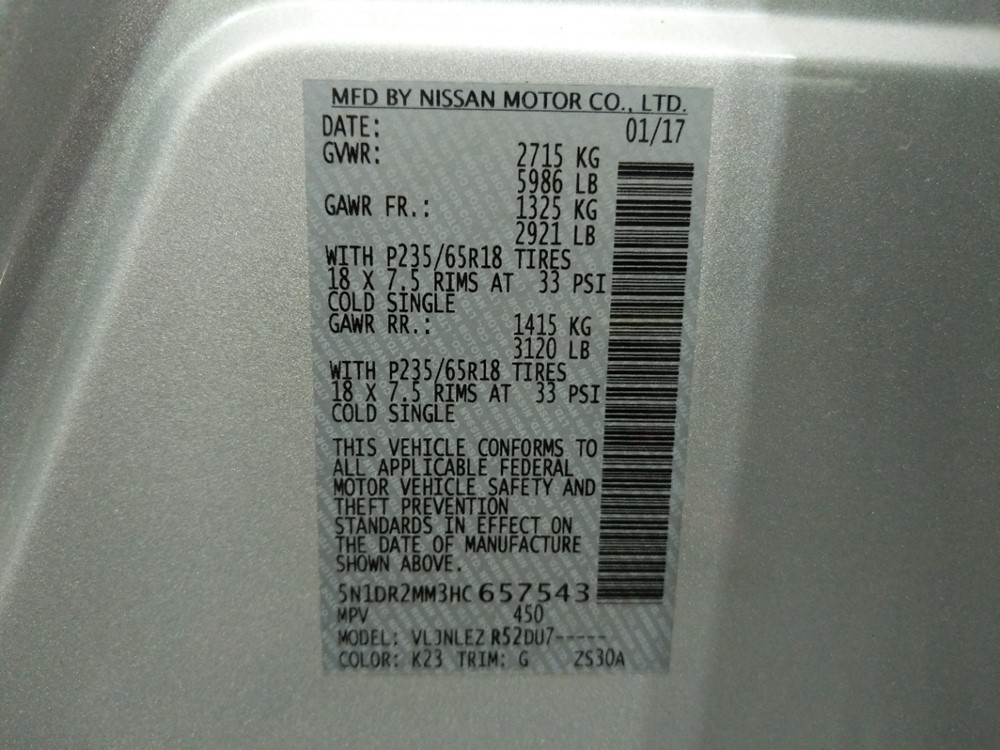 2017 Nissan Pathfinder - VIN Plate