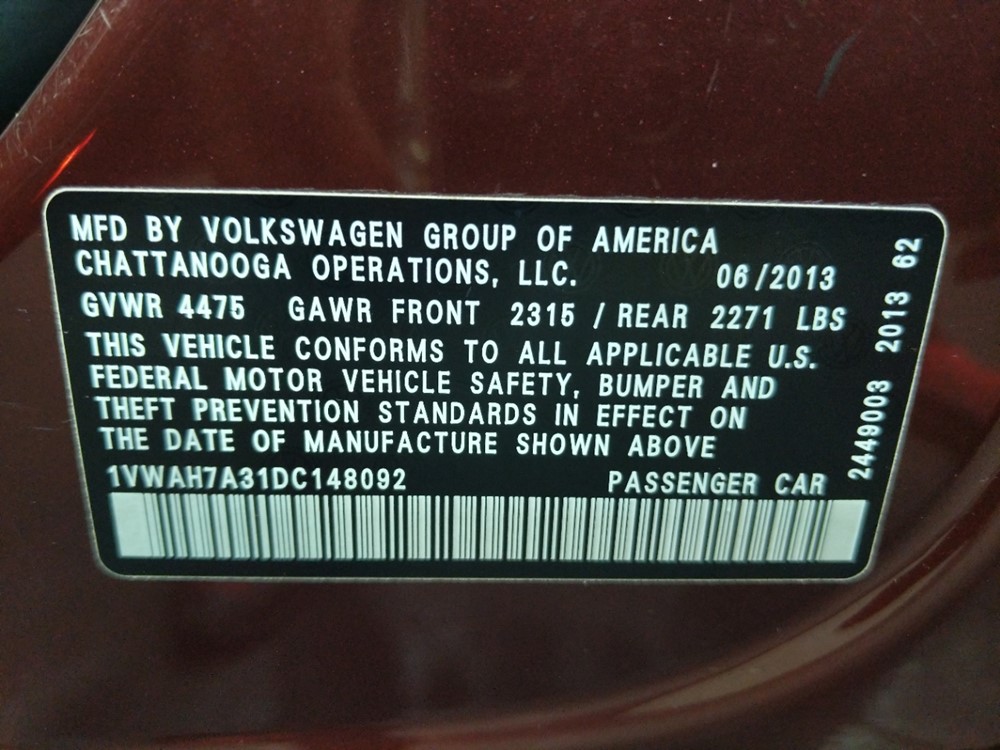 2013 Volkswagen Passat - VIN Plate