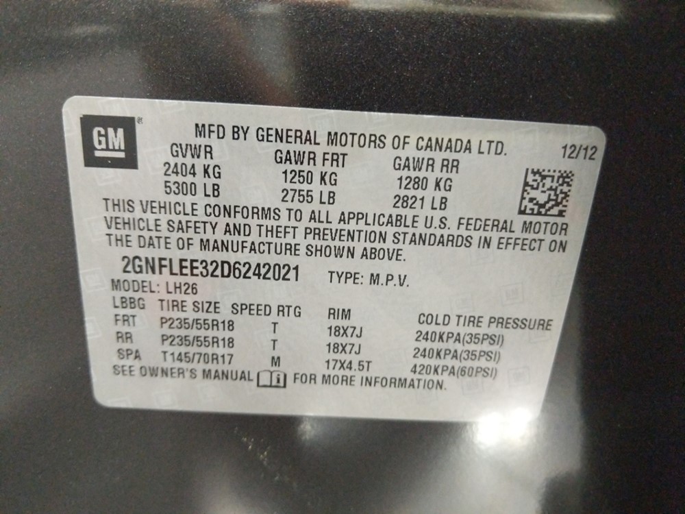 2013 Chevrolet Equinox - VIN Plate