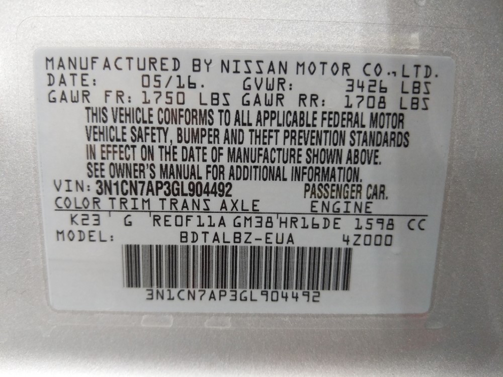 2016 Nissan Versa - VIN Plate