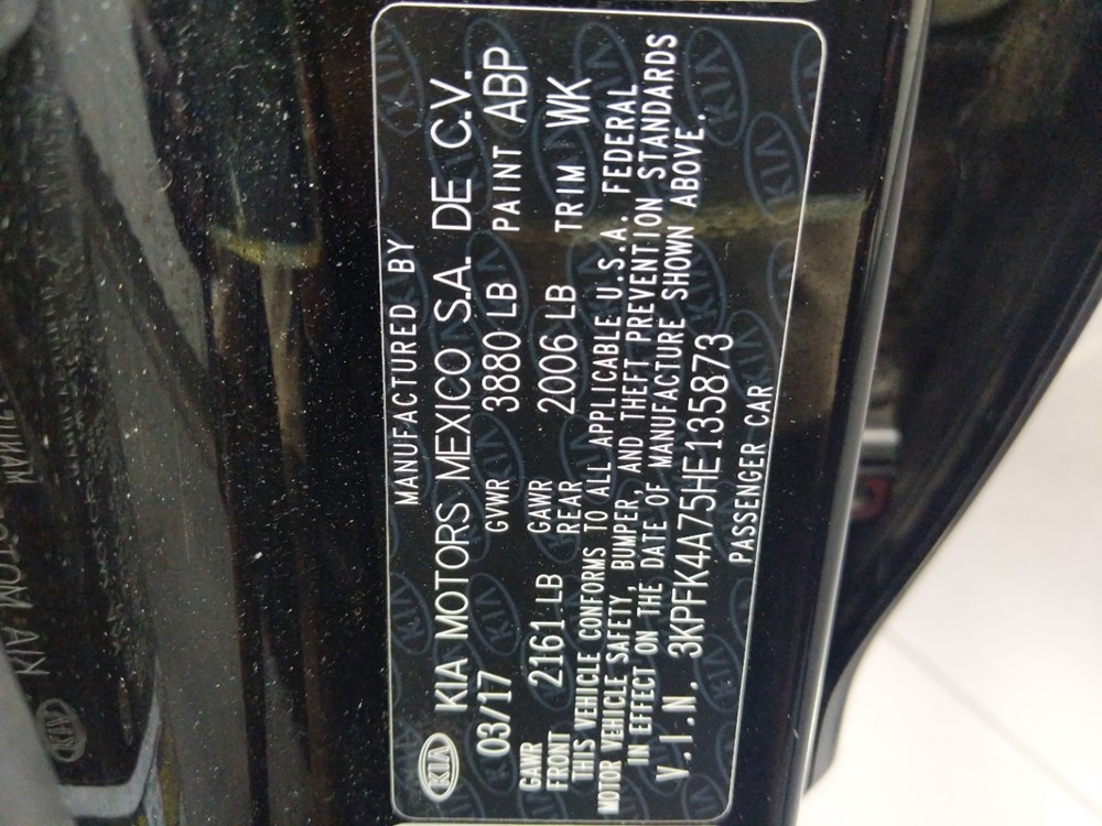 2017 Kia Forte - VIN Plate
