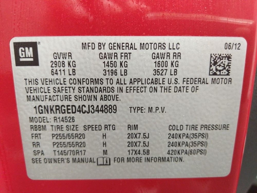 2012 Chevrolet Traverse - VIN Plate