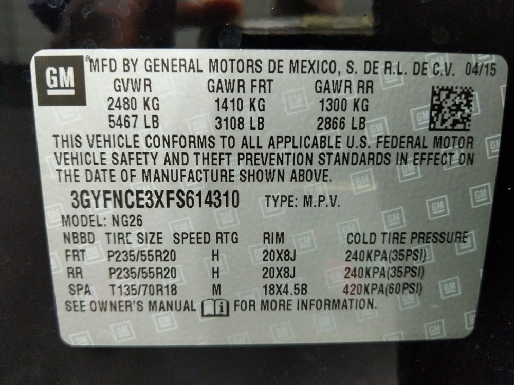 2015 Cadillac SRX - VIN Plate