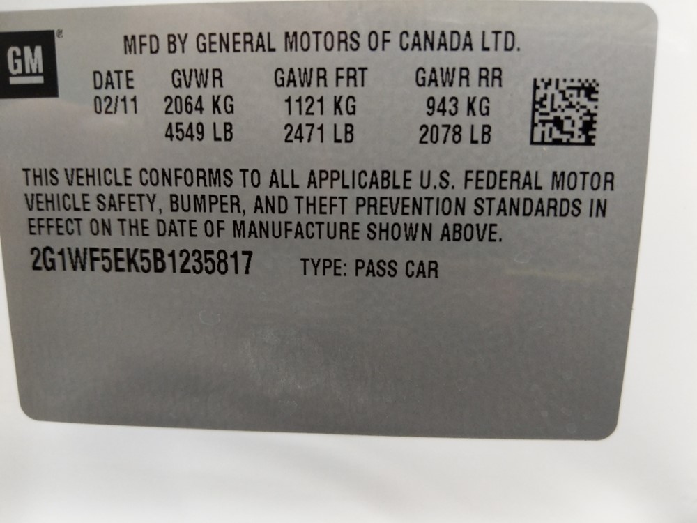 2011 Chevrolet Impala - VIN Plate