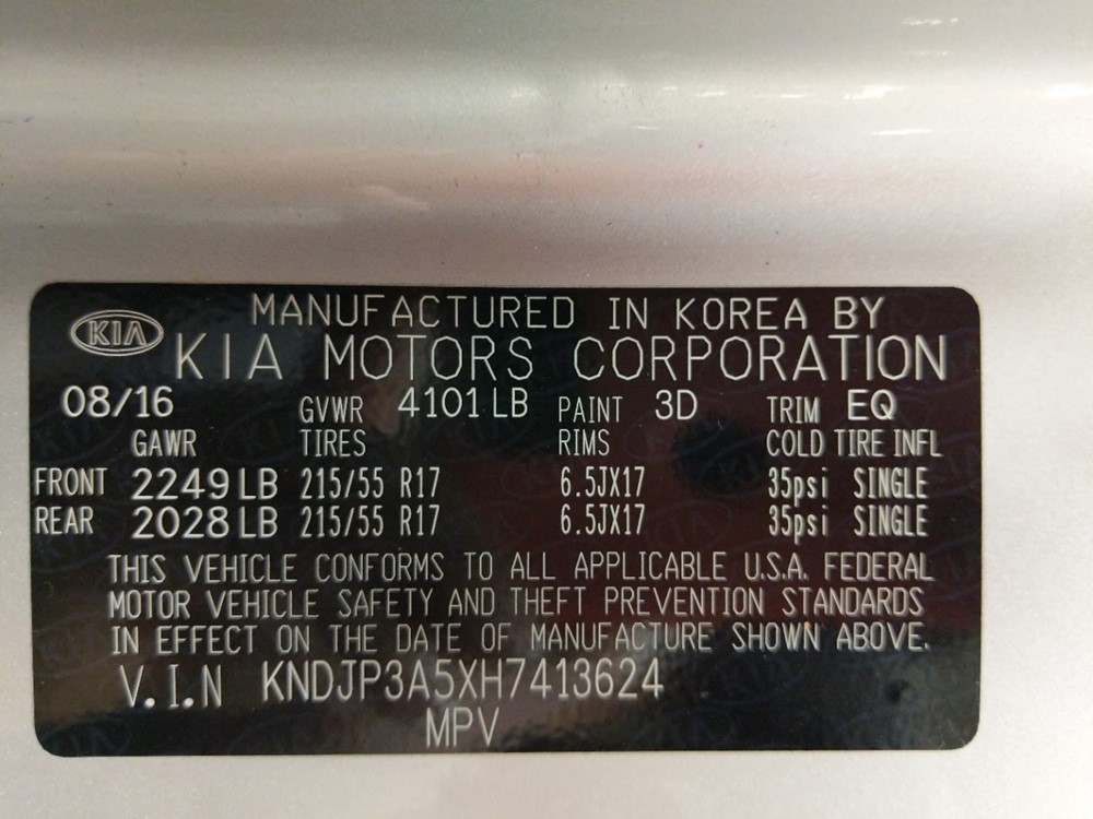 2017 Kia Soul - VIN Plate