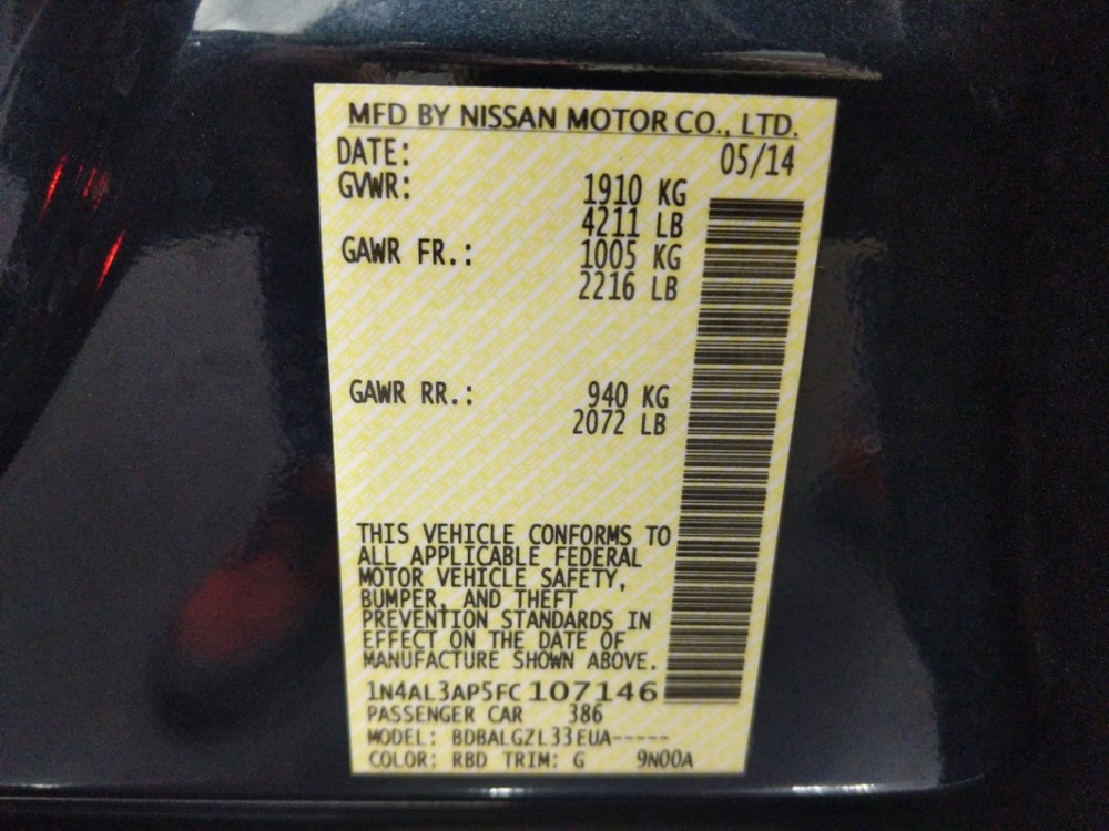 2015 Nissan Altima - VIN Plate