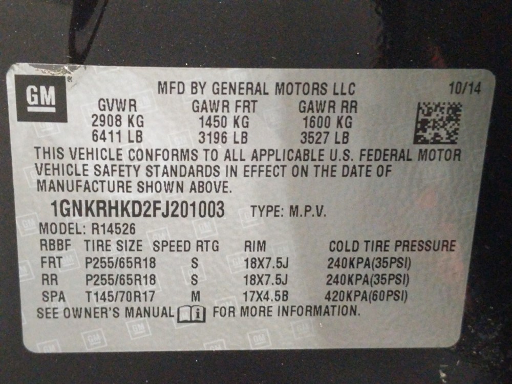 2015 Chevrolet Traverse - VIN Plate