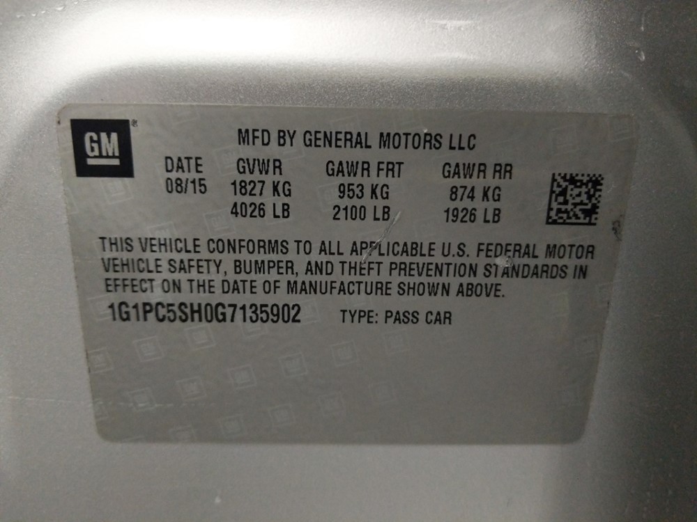 2016 Chevrolet Cruze - VIN Plate