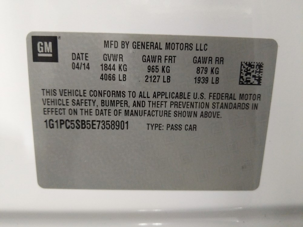 2014 Chevrolet Cruze - VIN Plate