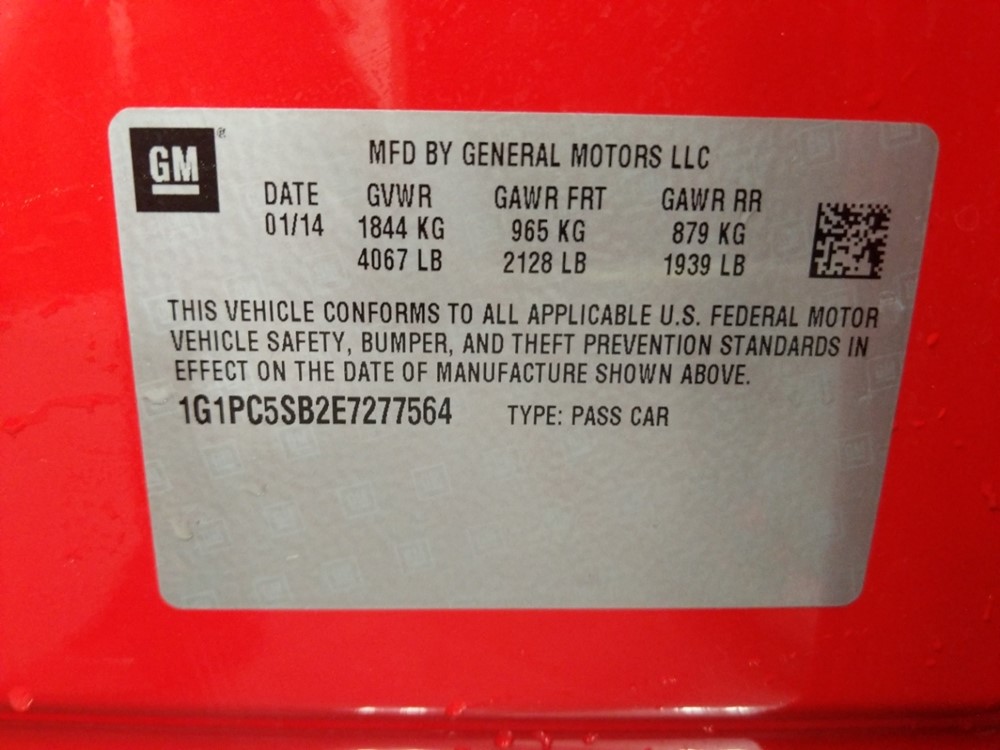 2014 Chevrolet Cruze - VIN Plate