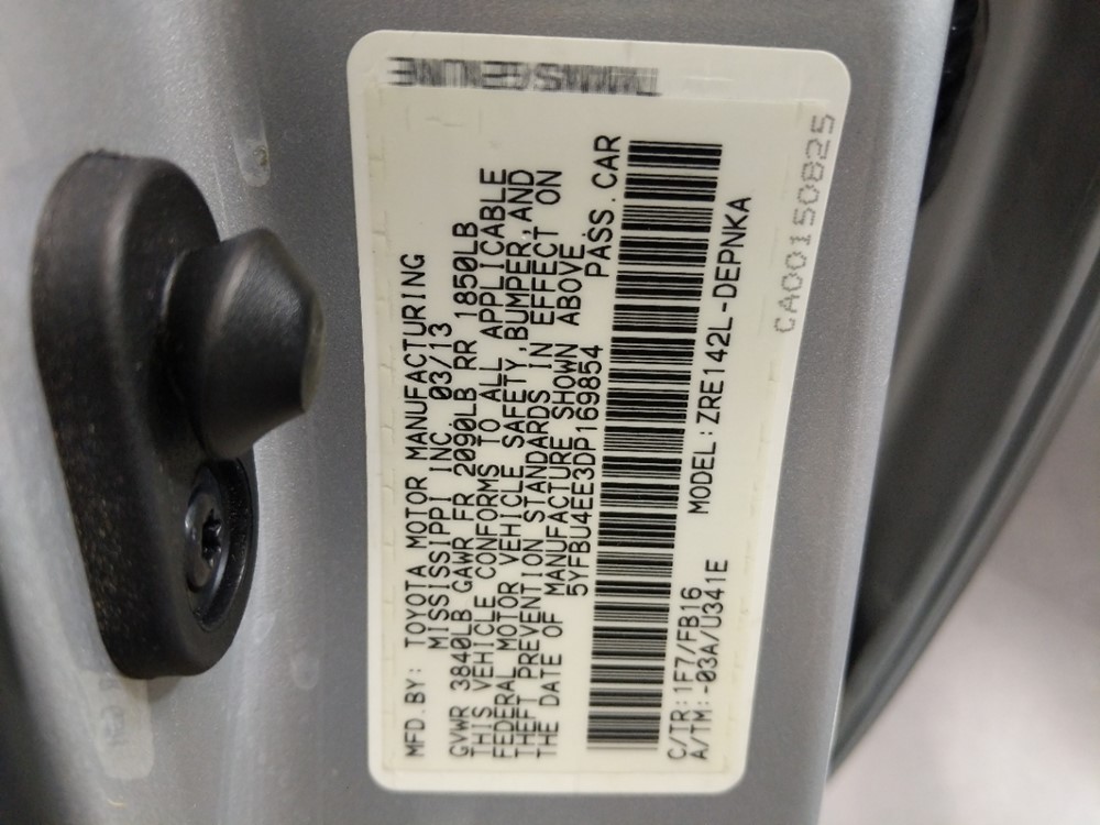 2013 Toyota Corolla - VIN Plate