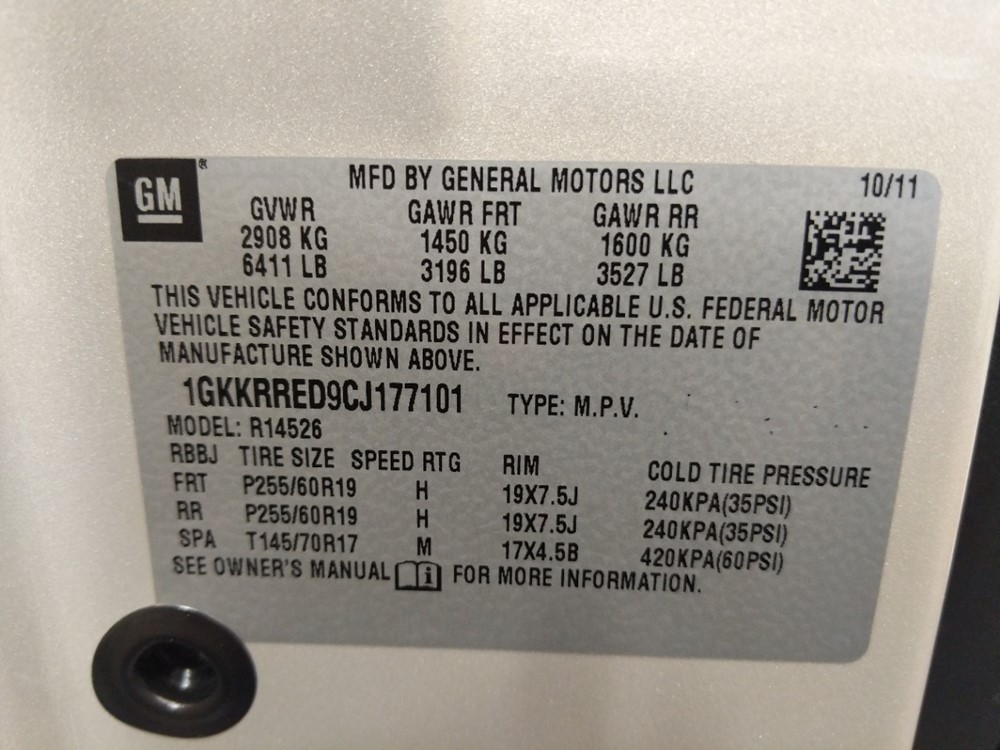 2012 GMC Acadia - VIN Plate