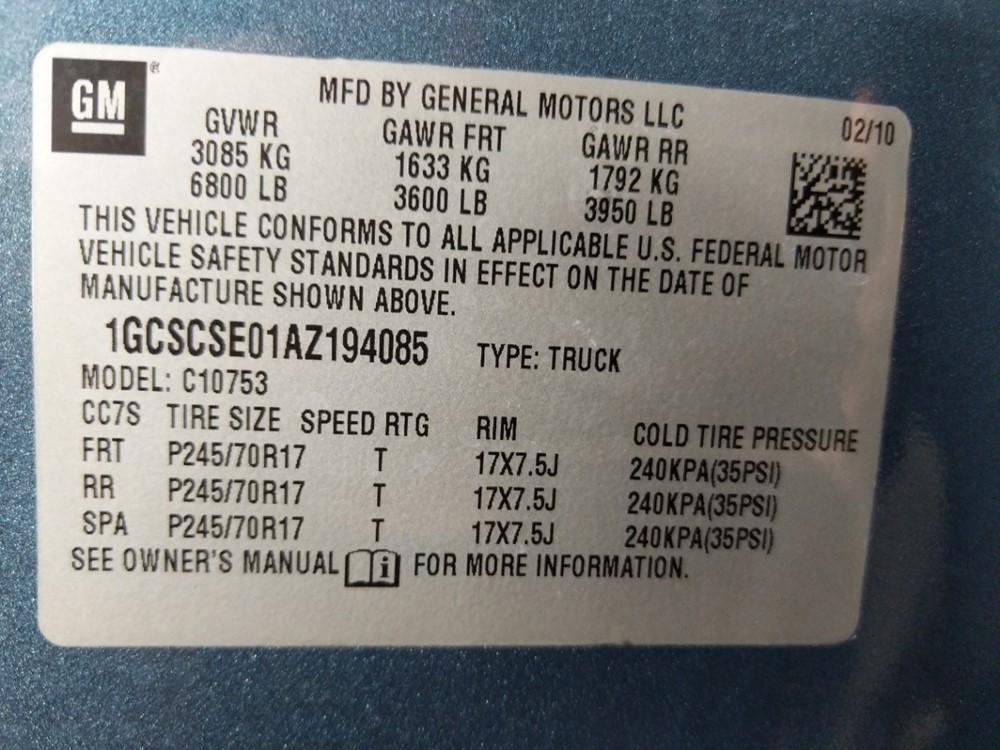 2010 Chevrolet Silverado 1500 - VIN Plate