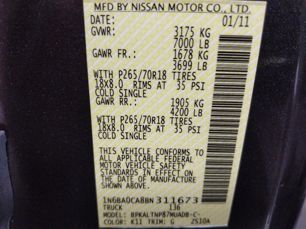 2011 Nissan Titan - VIN Plate