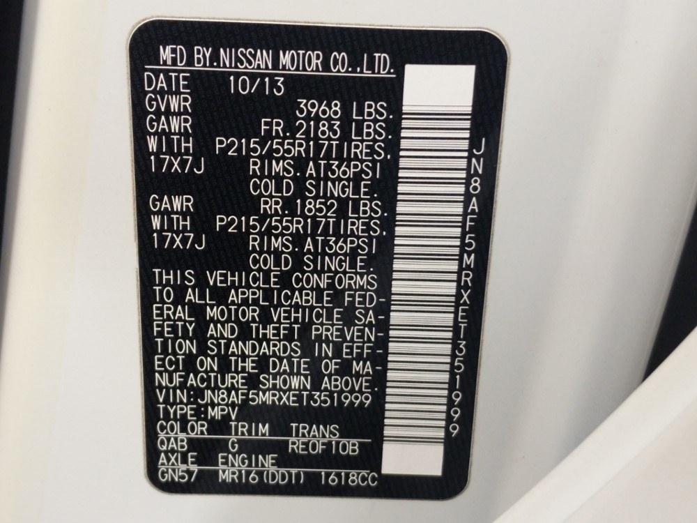 2014 Nissan JUKE - VIN Plate