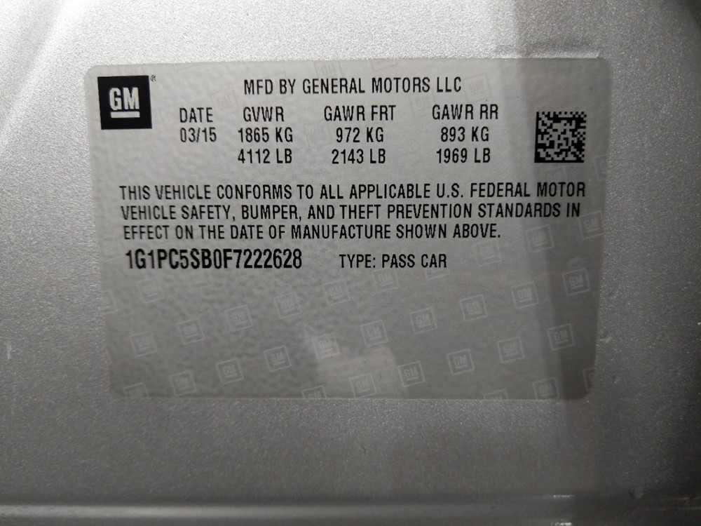 2015 Chevrolet Cruze - VIN Plate