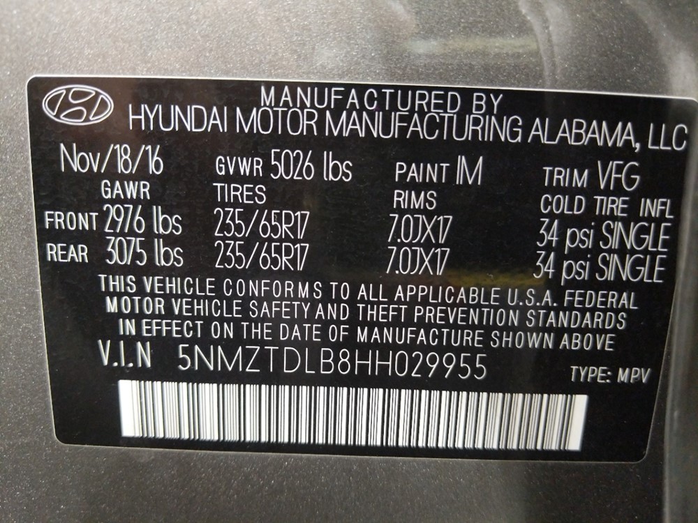 2017 Hyundai Santa Fe - VIN Plate