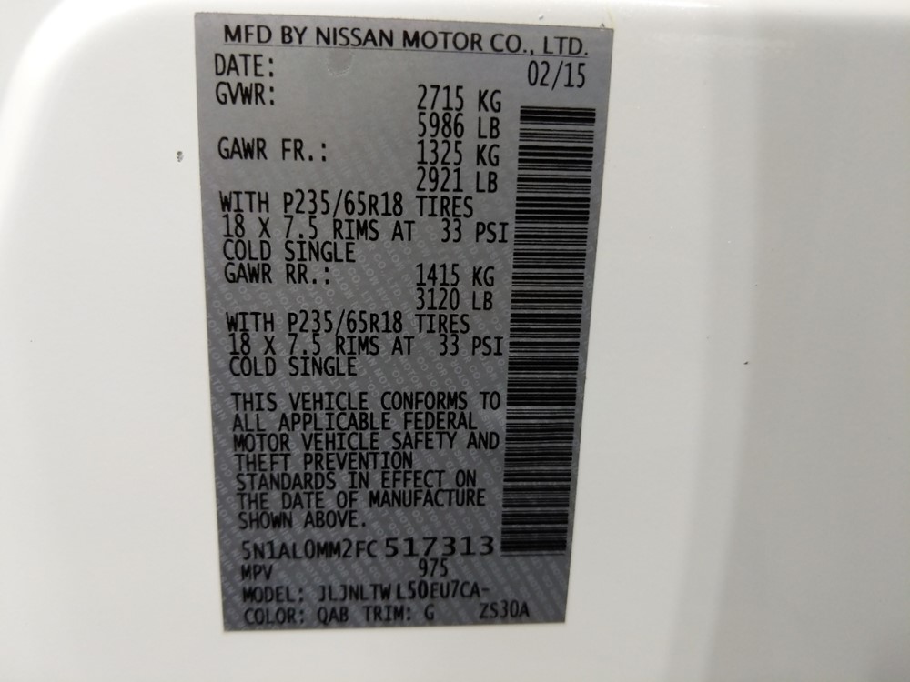 2015 INFINITI QX60 - VIN Plate