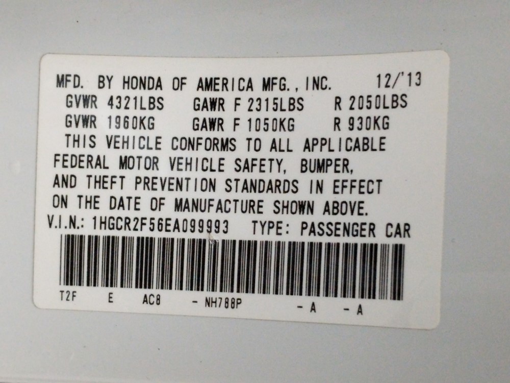 2014 Honda Accord - VIN Plate
