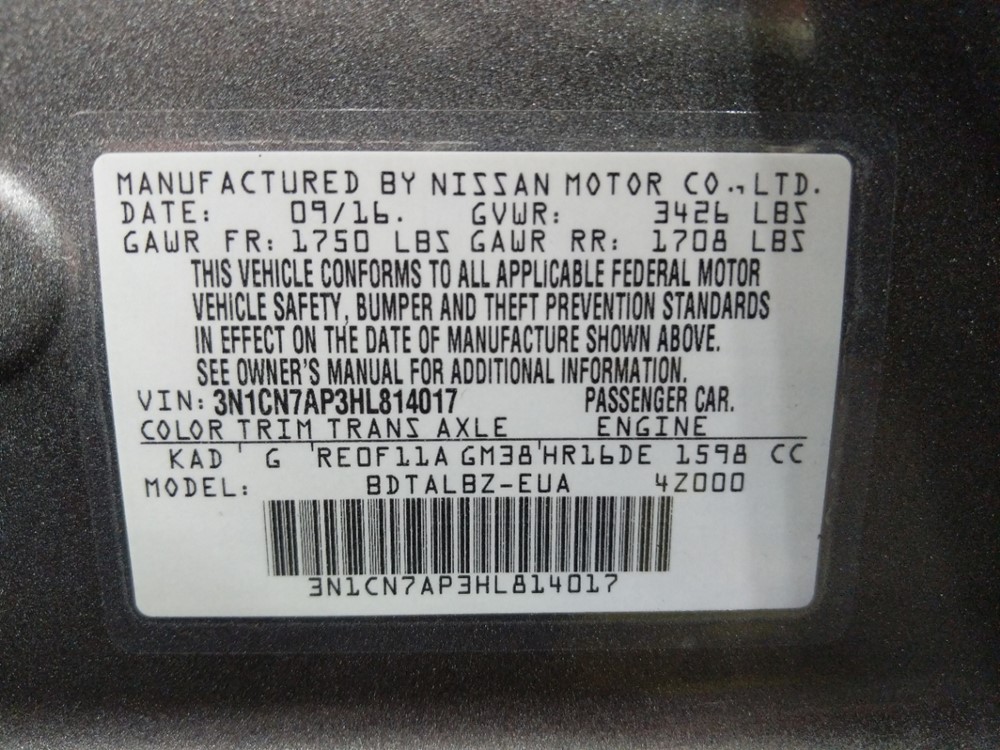 2017 Nissan Versa - VIN Plate