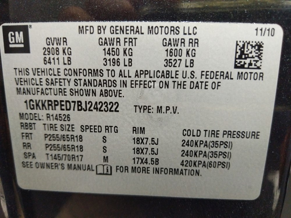 2011 GMC Acadia - VIN Plate