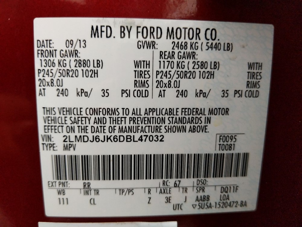 2013 Lincoln MKX - VIN Plate