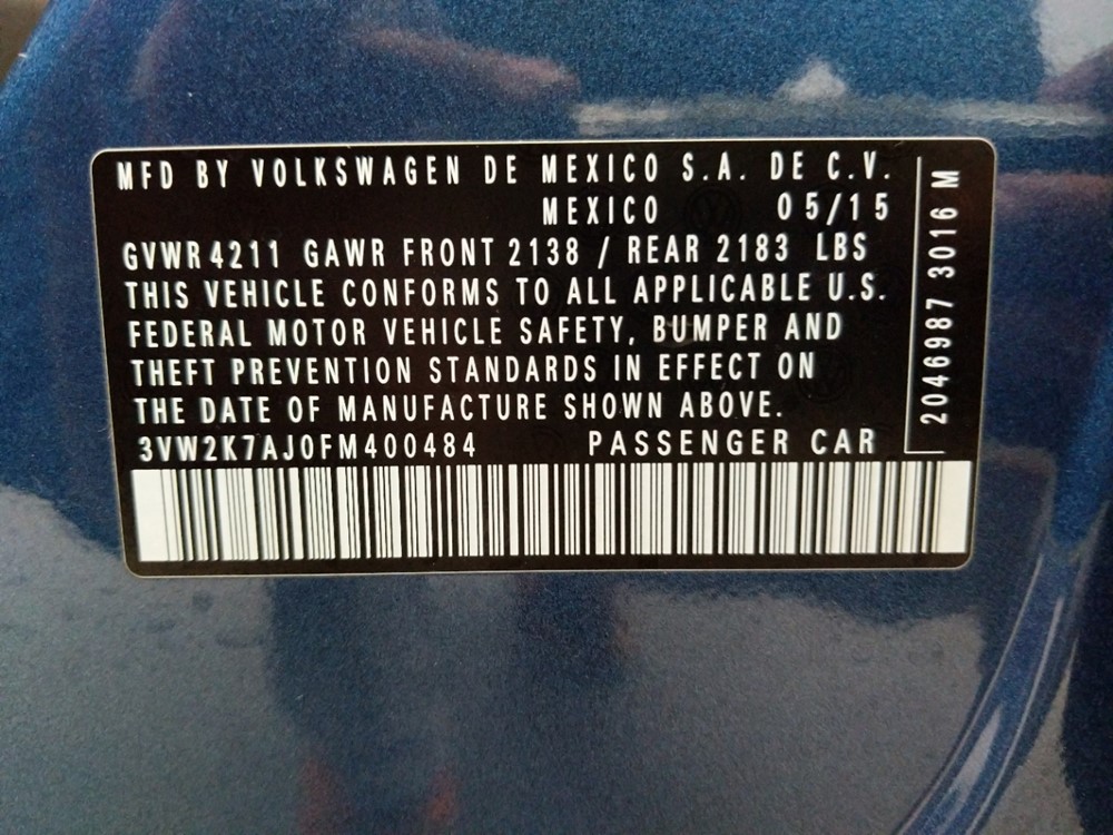 2015 Volkswagen Jetta - VIN Plate