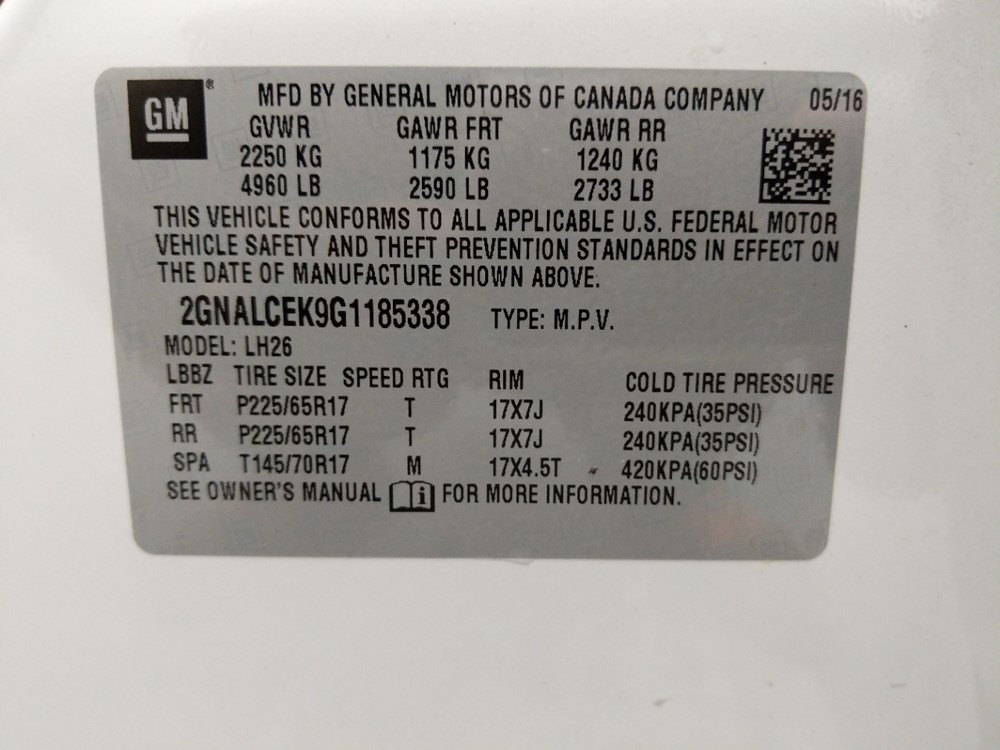 2016 Chevrolet Equinox - VIN Plate