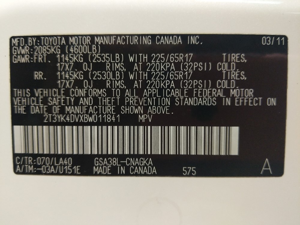 2011 Toyota RAV4 - VIN Plate