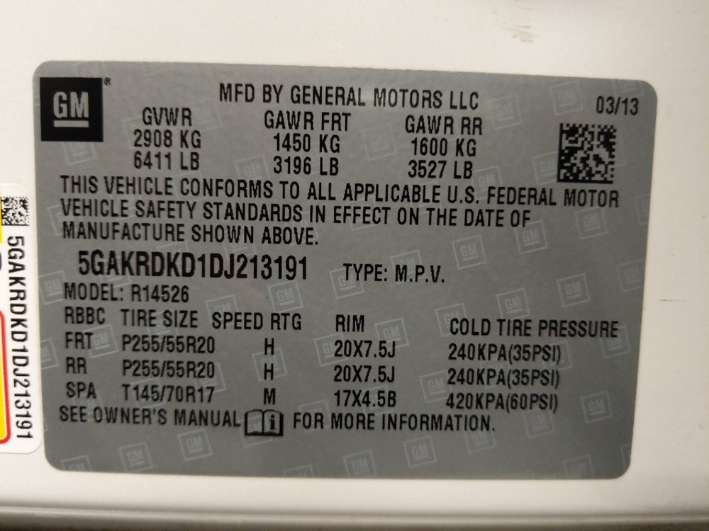 2013 Buick Enclave - VIN Plate