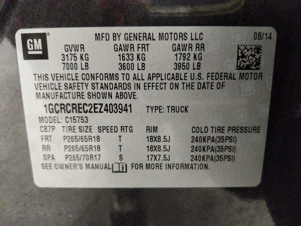 2014 Chevrolet Silverado 1500 - VIN Plate