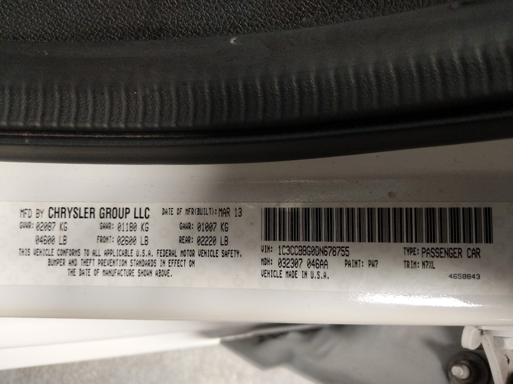 2013 Chrysler 200 - VIN Plate
