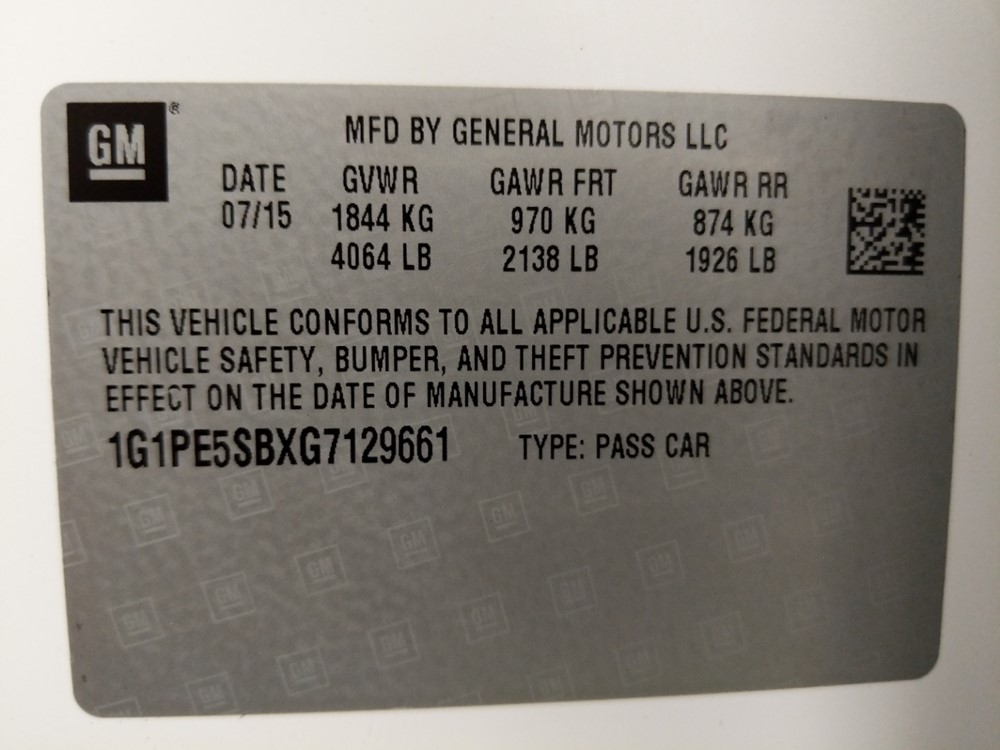 2016 Chevrolet Cruze - VIN Plate