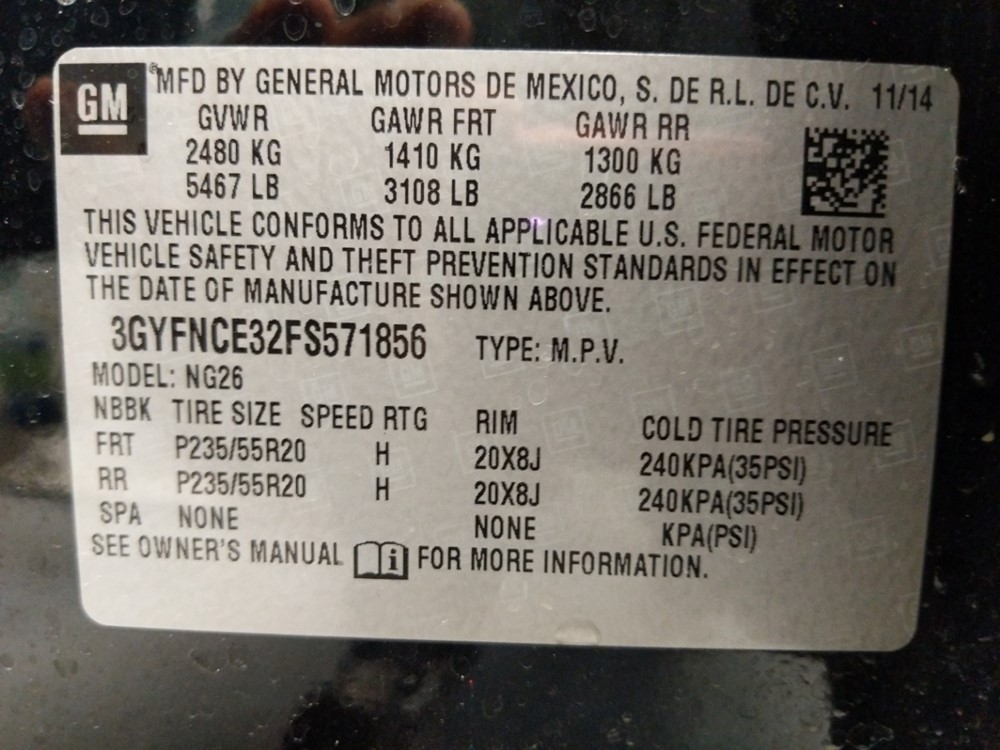 2015 Cadillac SRX - VIN Plate